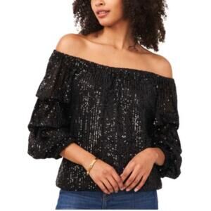 Vince Camuto Women's Off-the-Shoulder Sequined Blouse Black Ruched Sleeves Sz S